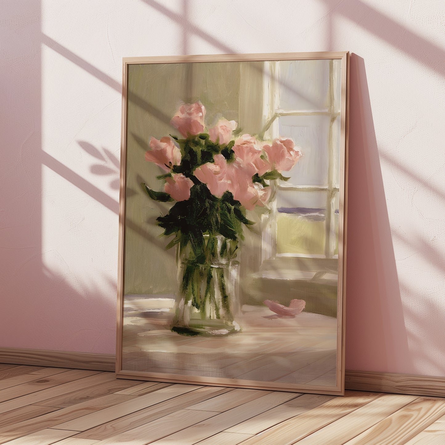 Vase of Pink Roses on a Table Matte Vertical Poster Art Print