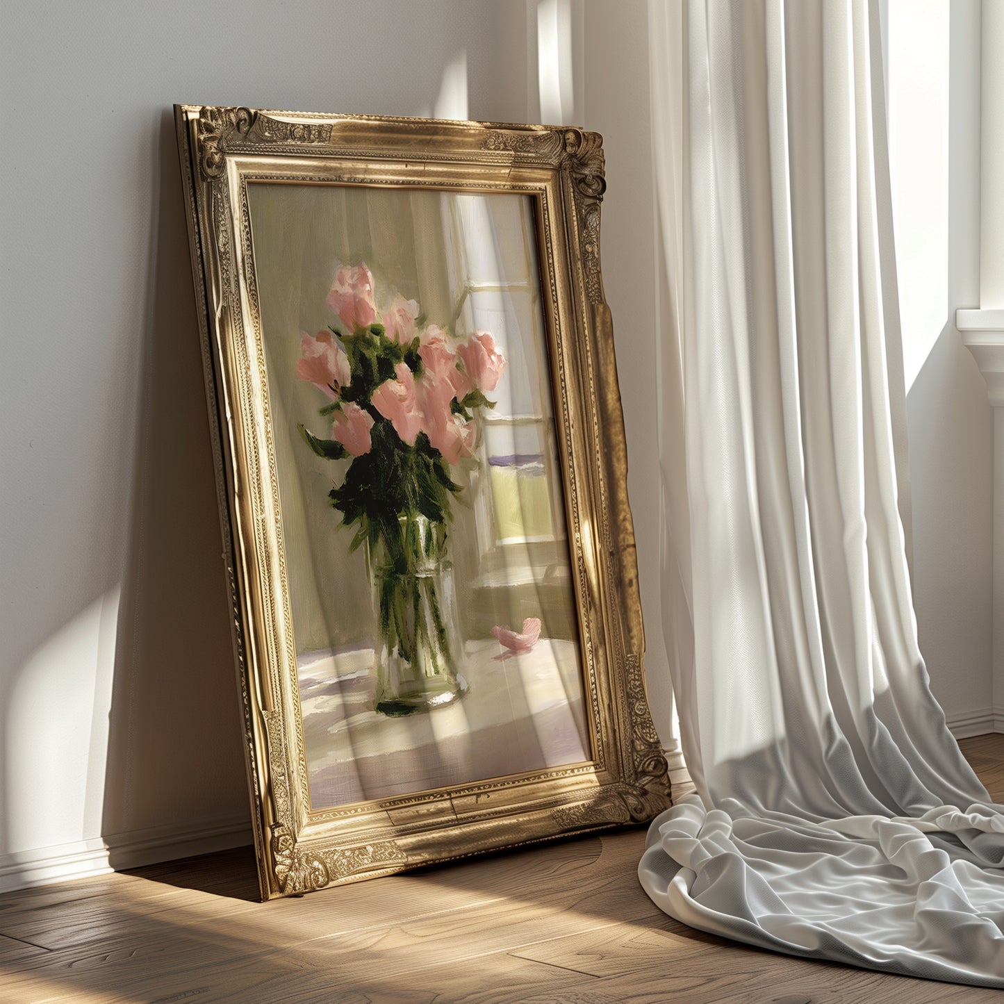 Vase of Pink Roses on a Table Matte Vertical Poster Art Print