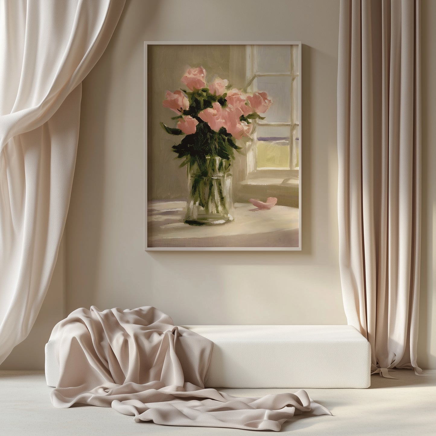 Vase of Pink Roses on a Table Matte Vertical Poster Art Print