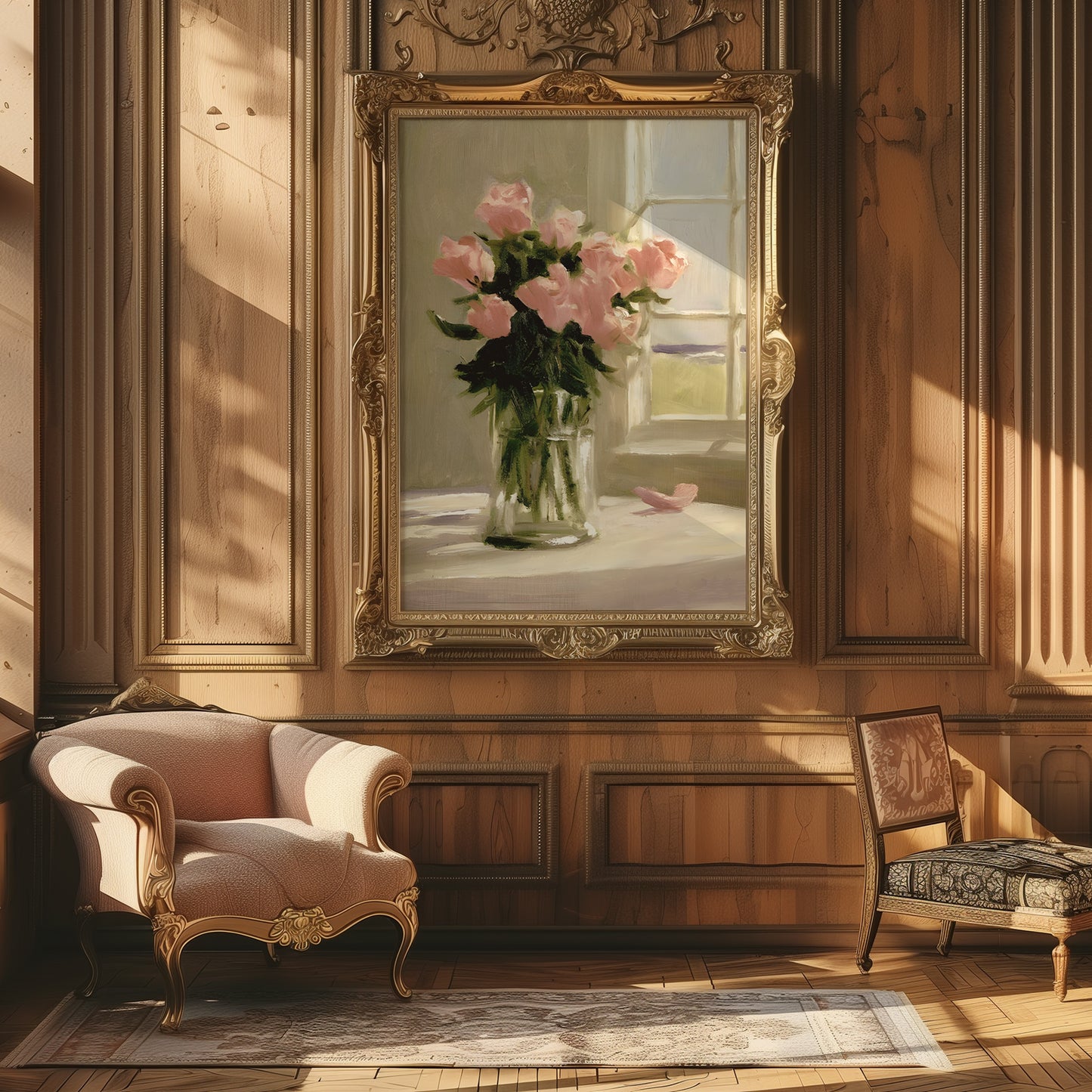 Vase of Pink Roses on a Table Matte Vertical Poster Art Print
