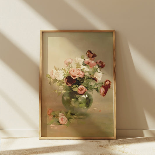 Blush, Pink and Plum English Roses in a Vase Matte Vertical Poster Art Print
