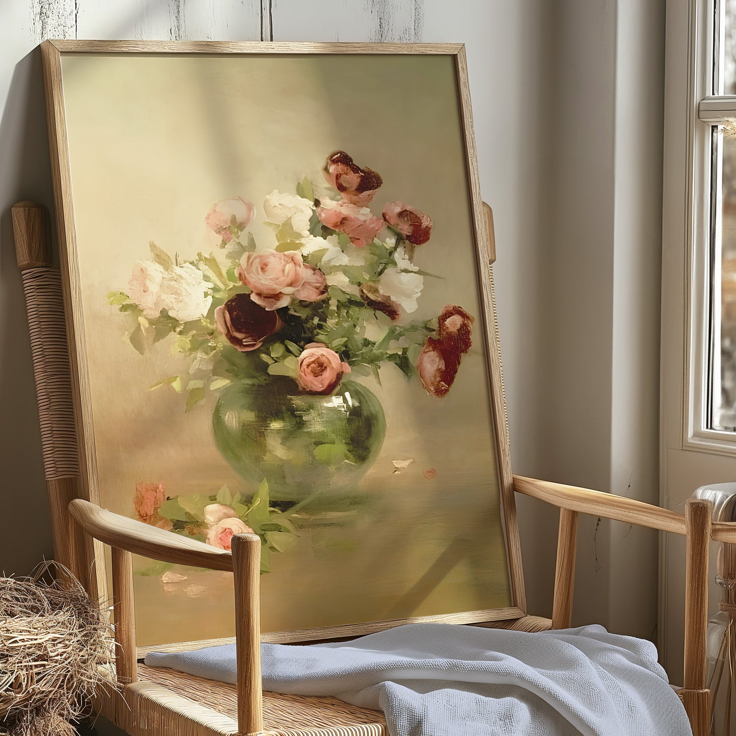 Blush, Pink and Plum English Roses in a Vase Matte Vertical Poster Art Print