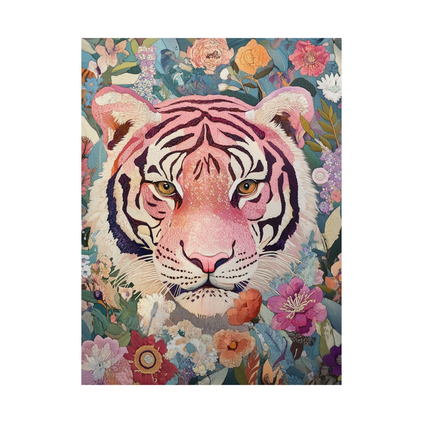 Embroidery Style Pink Tiger and Floral Matte Vertical Poster Art Print