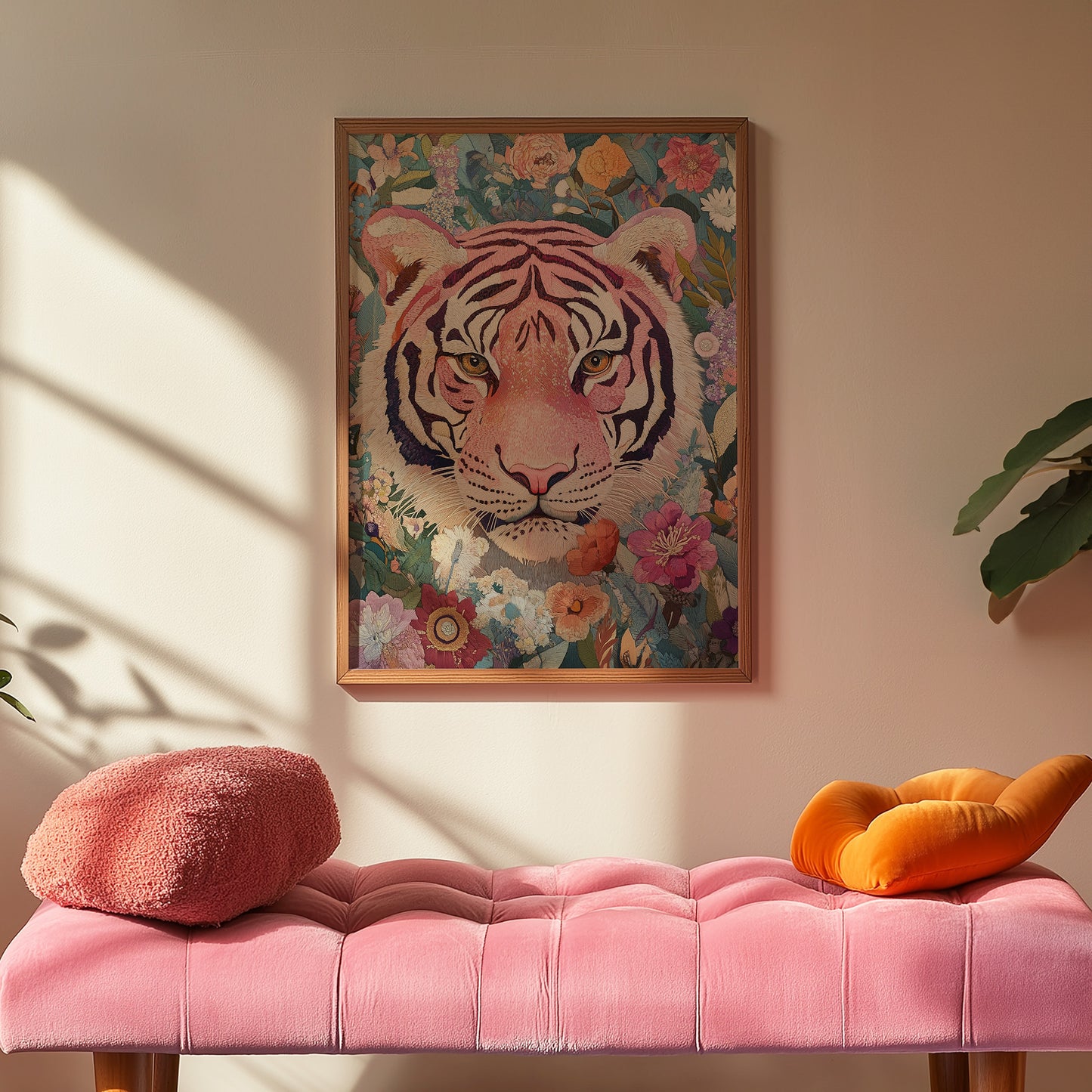 Embroidery Style Pink Tiger and Floral Matte Vertical Poster Art Print