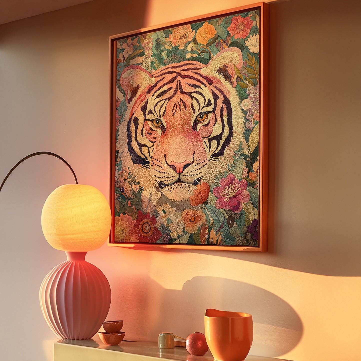 Embroidery Style Pink Tiger and Floral Matte Vertical Poster Art Print