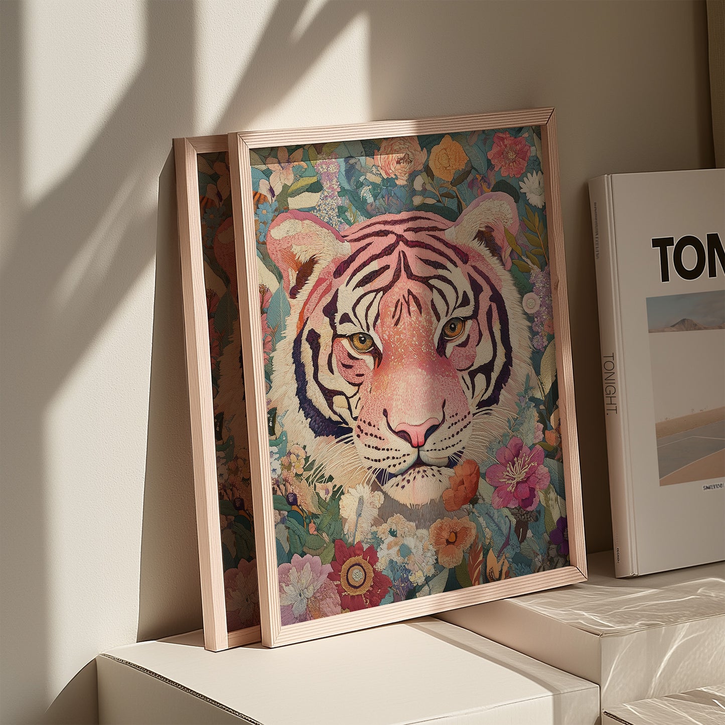 Embroidery Style Pink Tiger and Floral Matte Vertical Poster Art Print