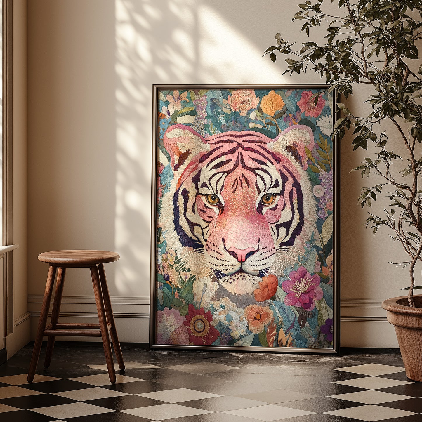 Embroidery Style Pink Tiger and Floral Matte Vertical Poster Art Print