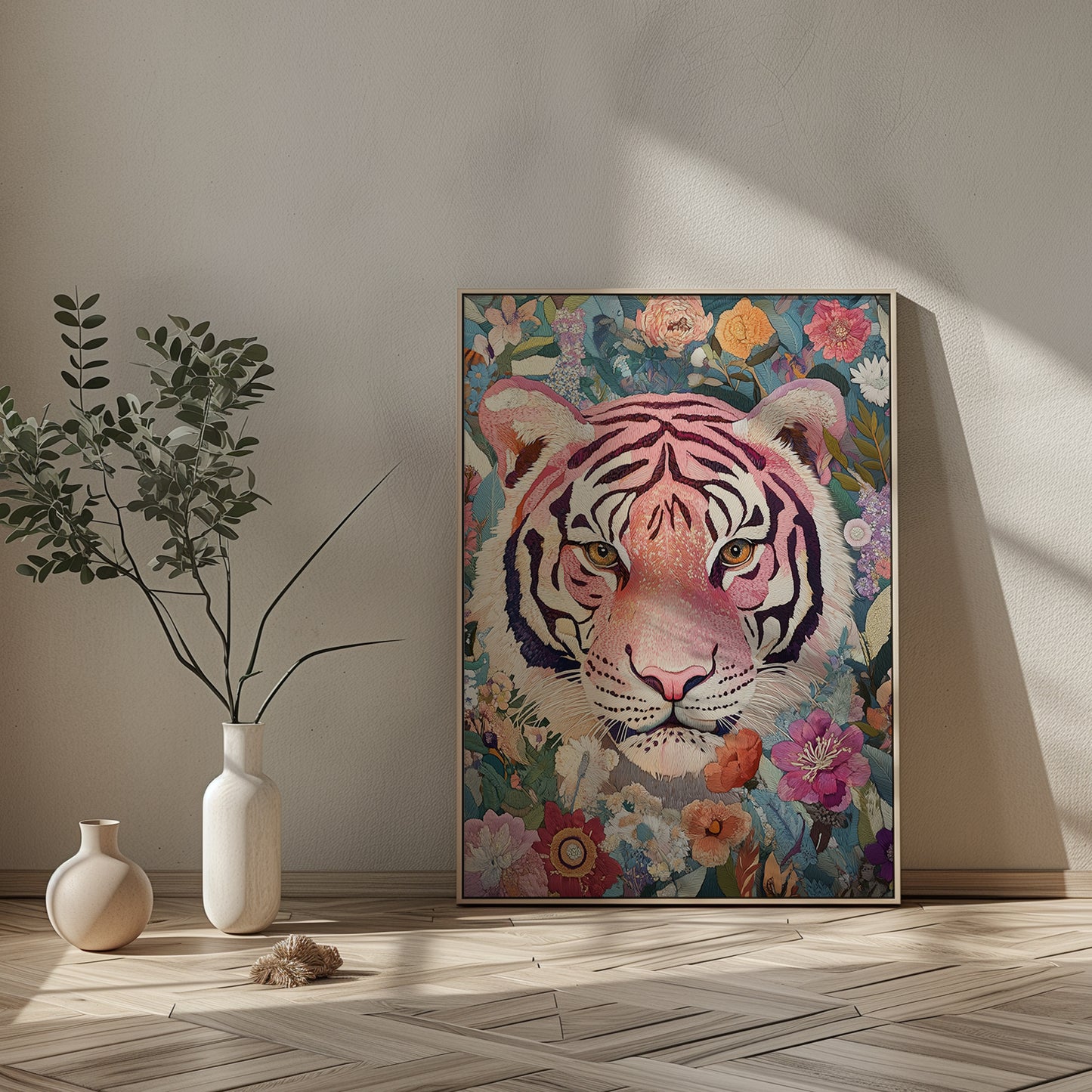 Embroidery Style Pink Tiger and Floral Matte Vertical Poster Art Print