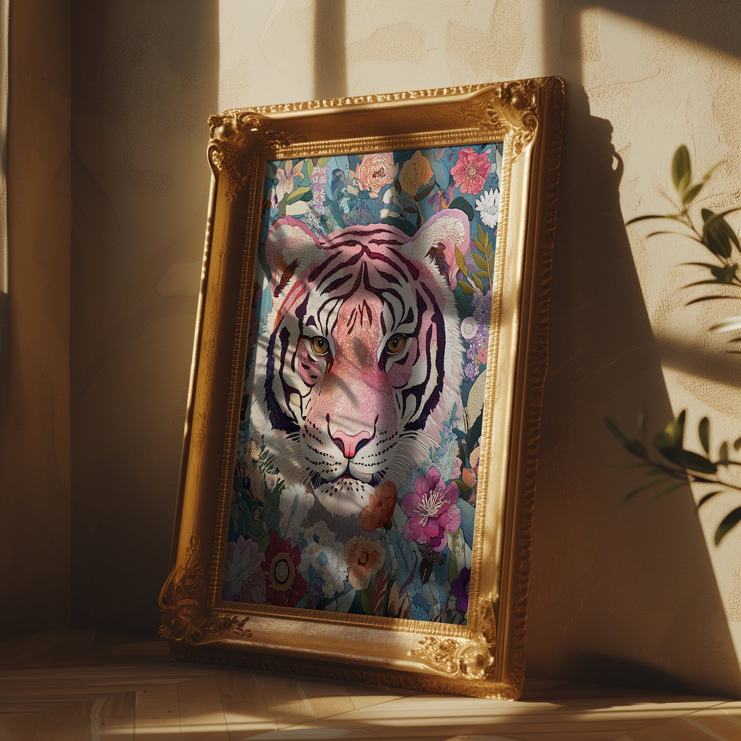 Embroidery Style Pink Tiger and Floral Matte Vertical Poster Art Print