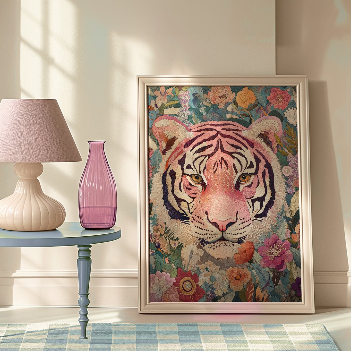 Embroidery Style Pink Tiger and Floral Matte Vertical Poster Art Print