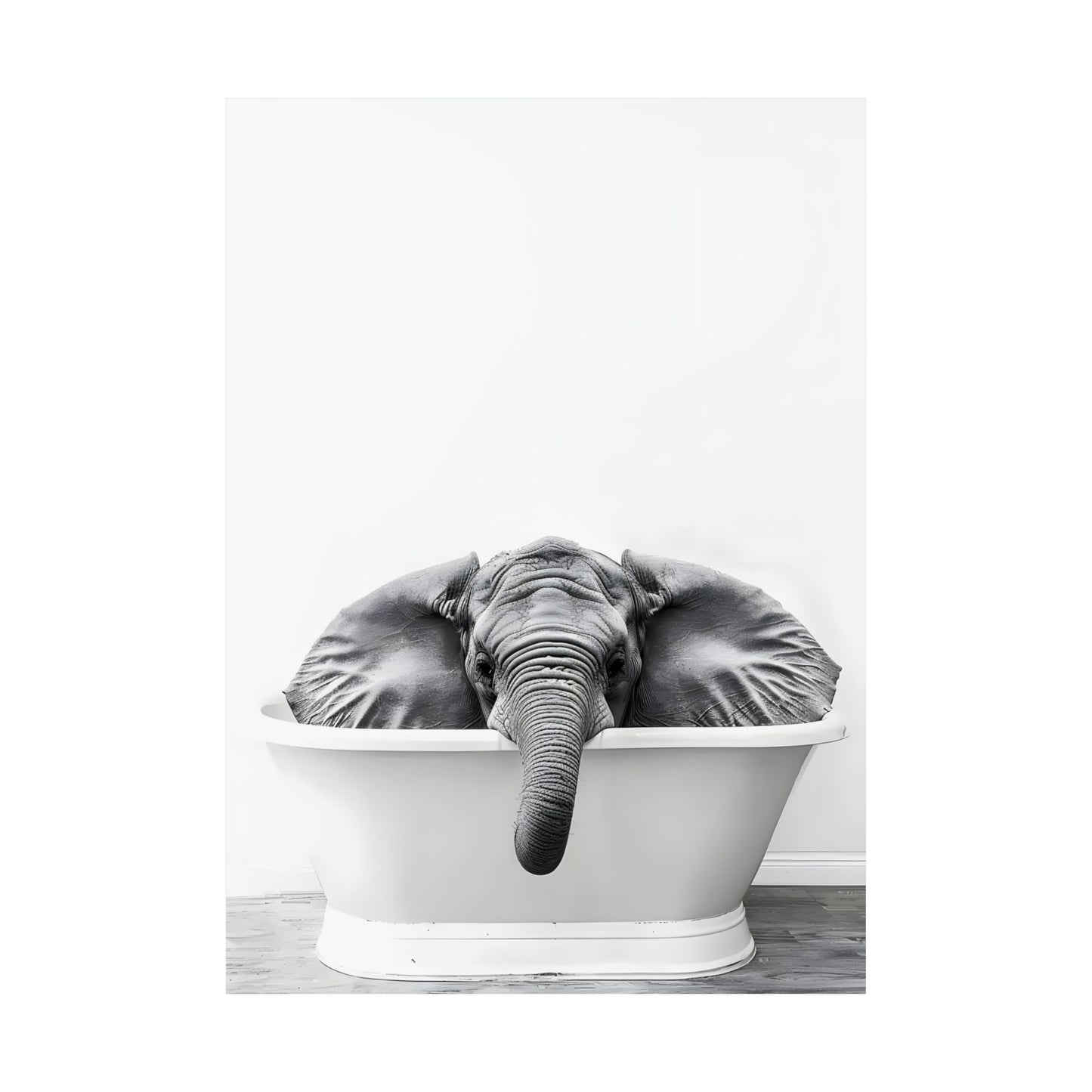 Baby Elephant in a Bathtub Black and White Matte Vertical Poster Art Print