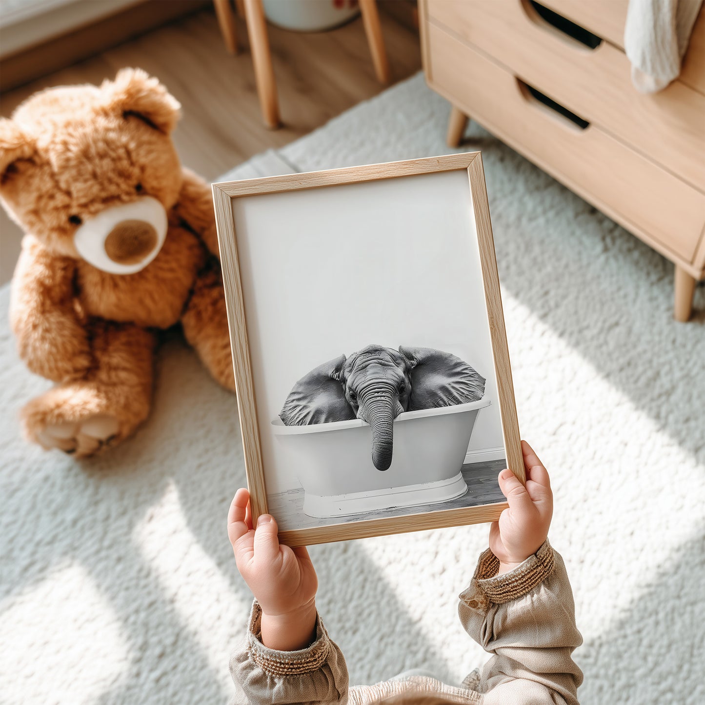 Baby Elephant in a Bathtub Black and White Matte Vertical Poster Art Print