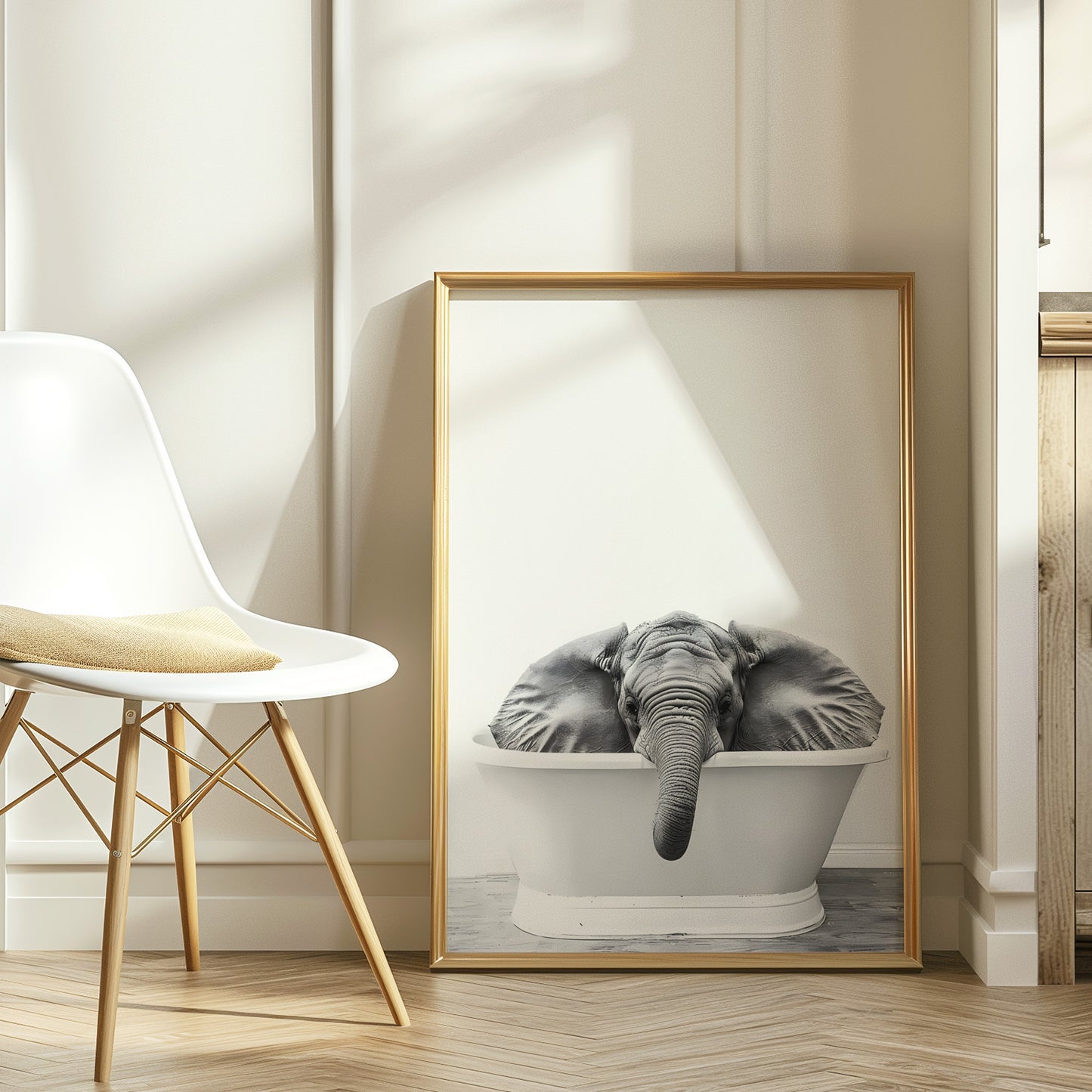 Baby Elephant in a Bathtub Black and White Matte Vertical Poster Art Print