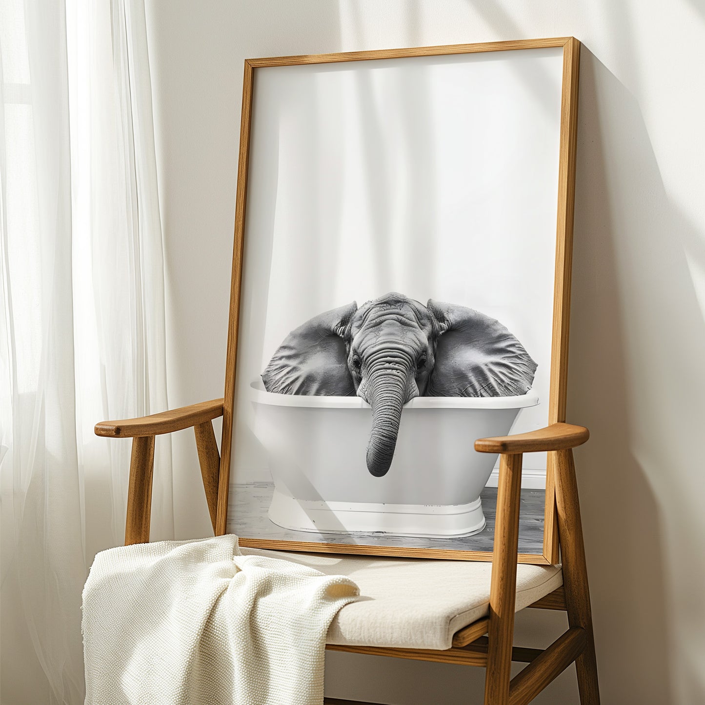 Baby Elephant in a Bathtub Black and White Matte Vertical Poster Art Print
