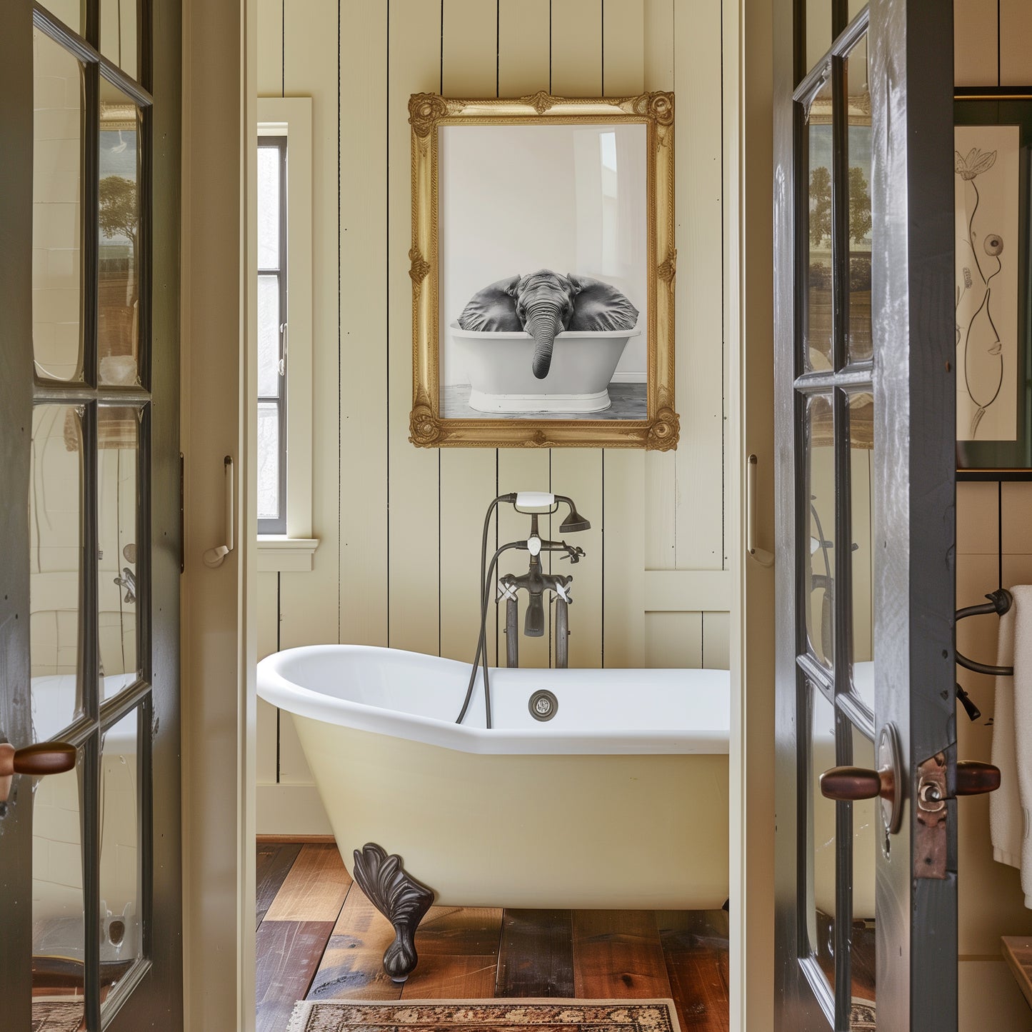 Baby Elephant in a Bathtub Black and White Matte Vertical Poster Art Print