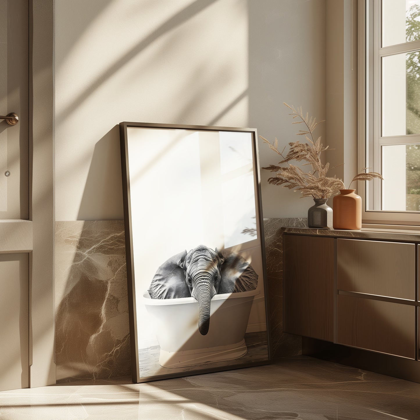 Baby Elephant in a Bathtub Black and White Matte Vertical Poster Art Print