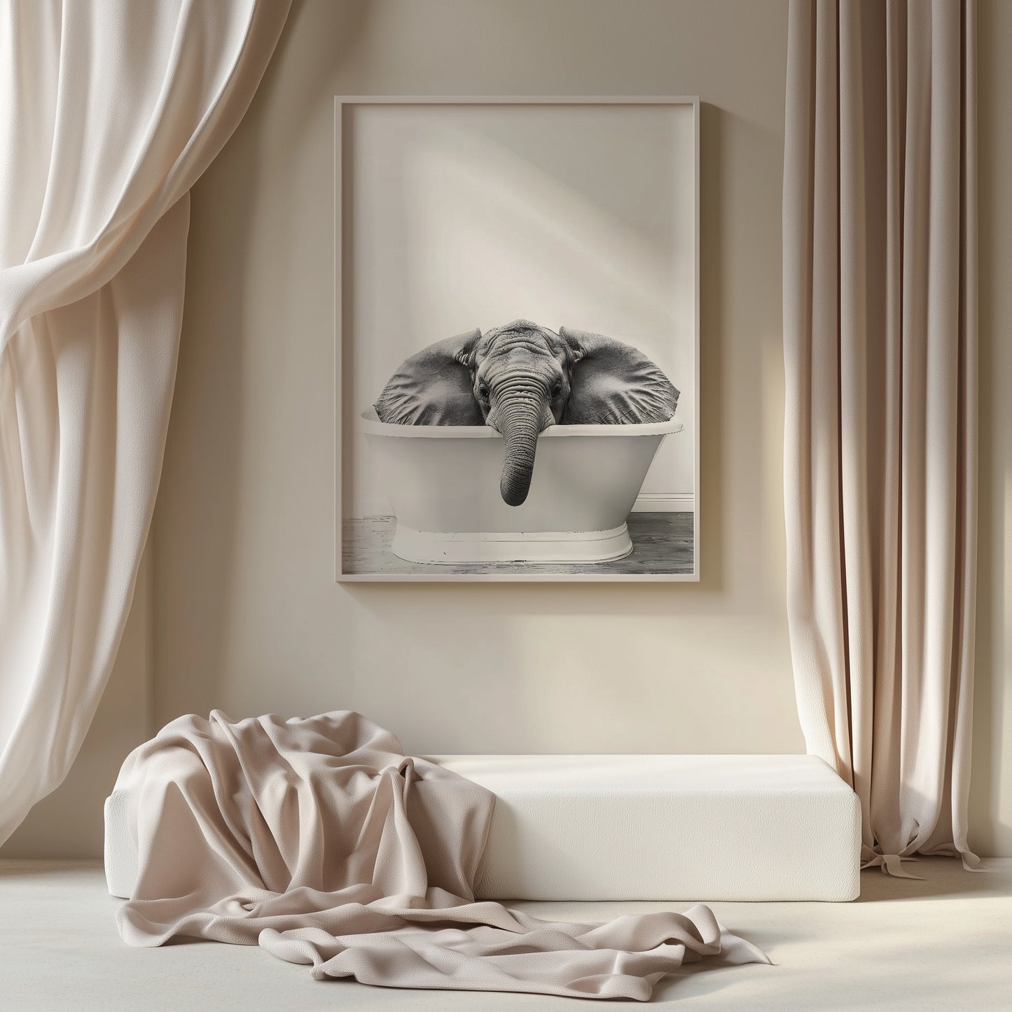 Baby Elephant in a Bathtub Black and White Matte Vertical Poster Art Print