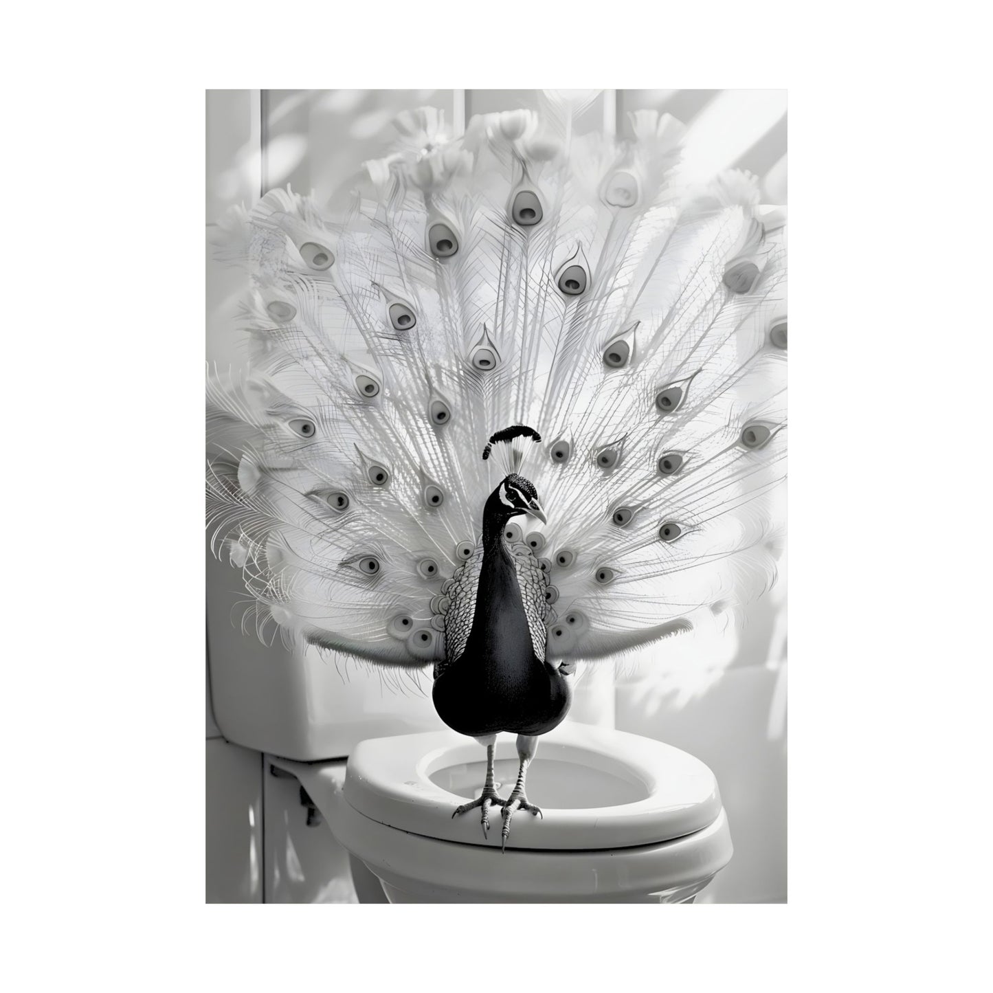 Peacock on a Toilet Black and White Matte Vertical Poster Art Print
