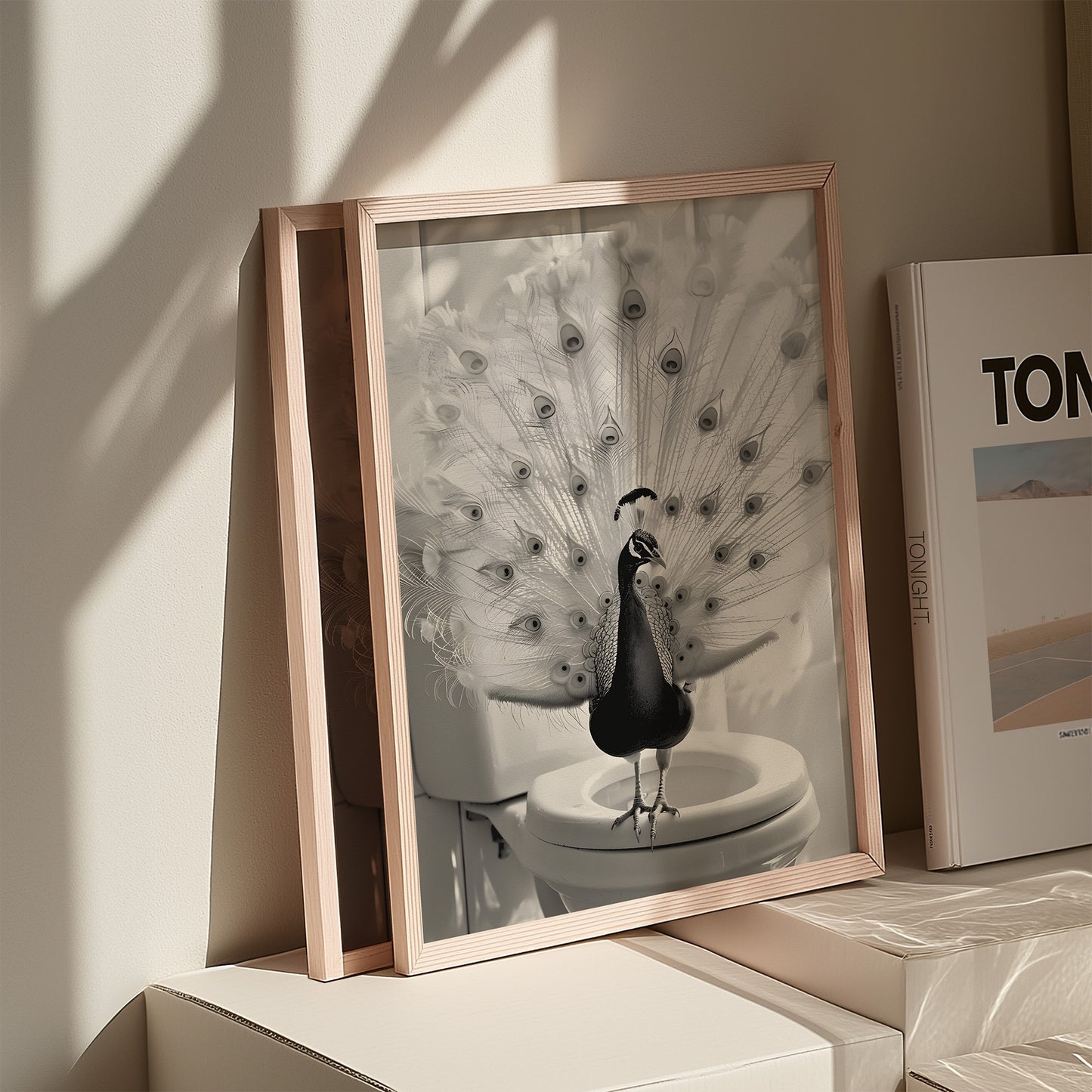 Peacock on a Toilet Black and White Matte Vertical Poster Art Print