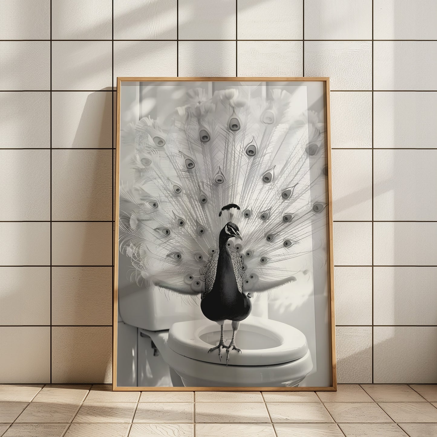 Peacock on a Toilet Black and White Matte Vertical Poster Art Print