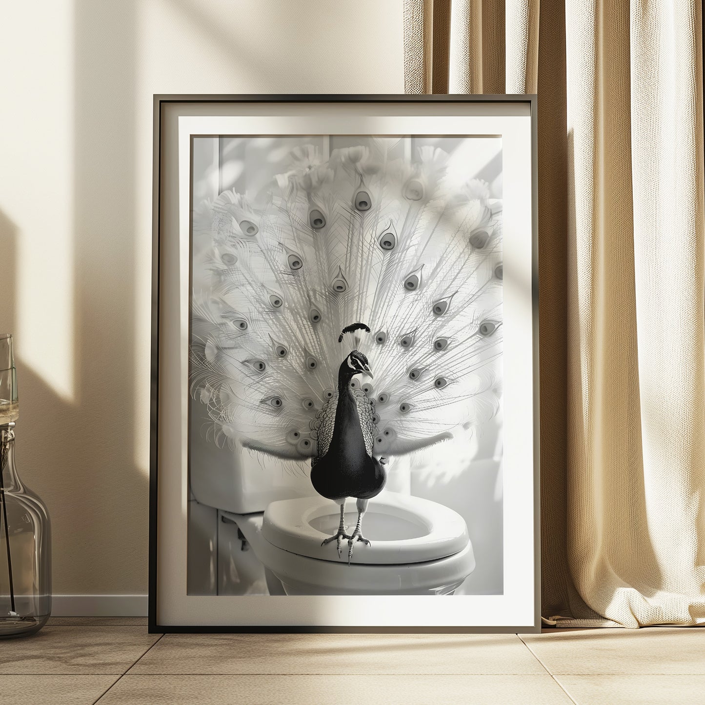 Peacock on a Toilet Black and White Matte Vertical Poster Art Print
