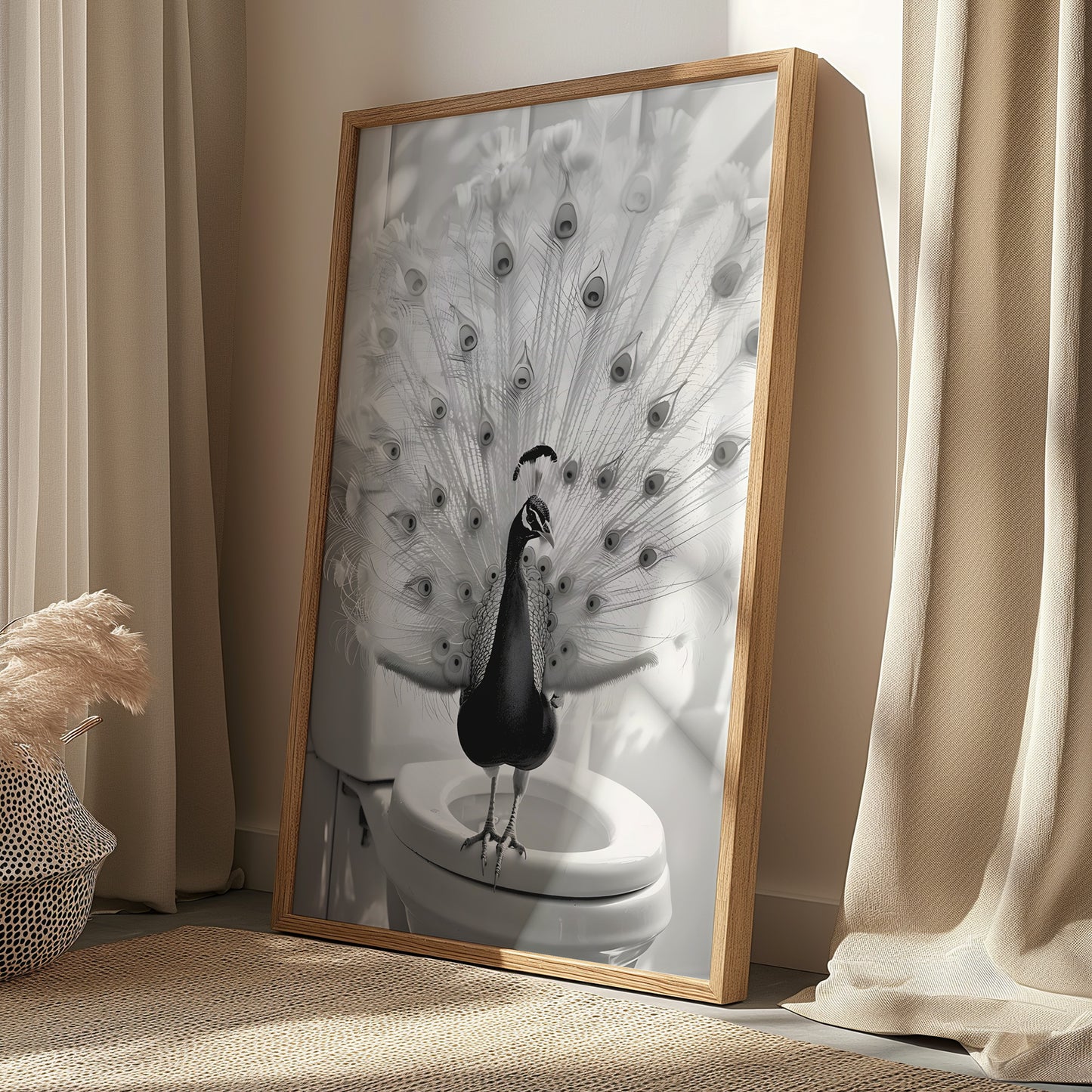 Peacock on a Toilet Black and White Matte Vertical Poster Art Print