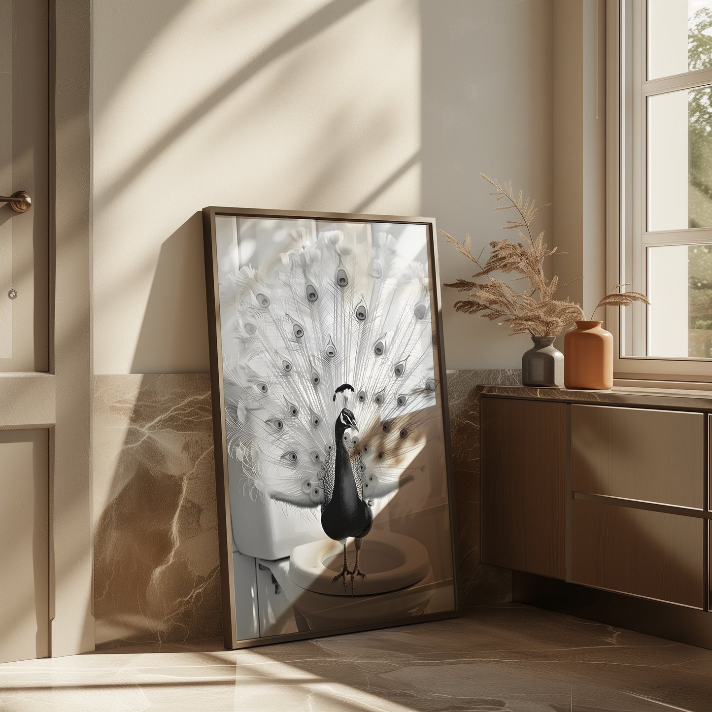 Peacock on a Toilet Black and White Matte Vertical Poster Art Print