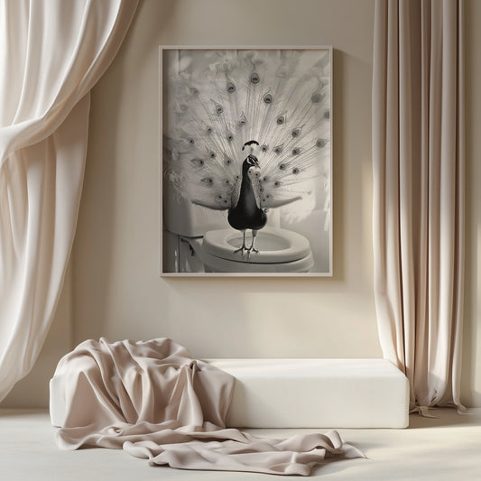 Peacock on a Toilet Black and White Matte Vertical Poster Art Print