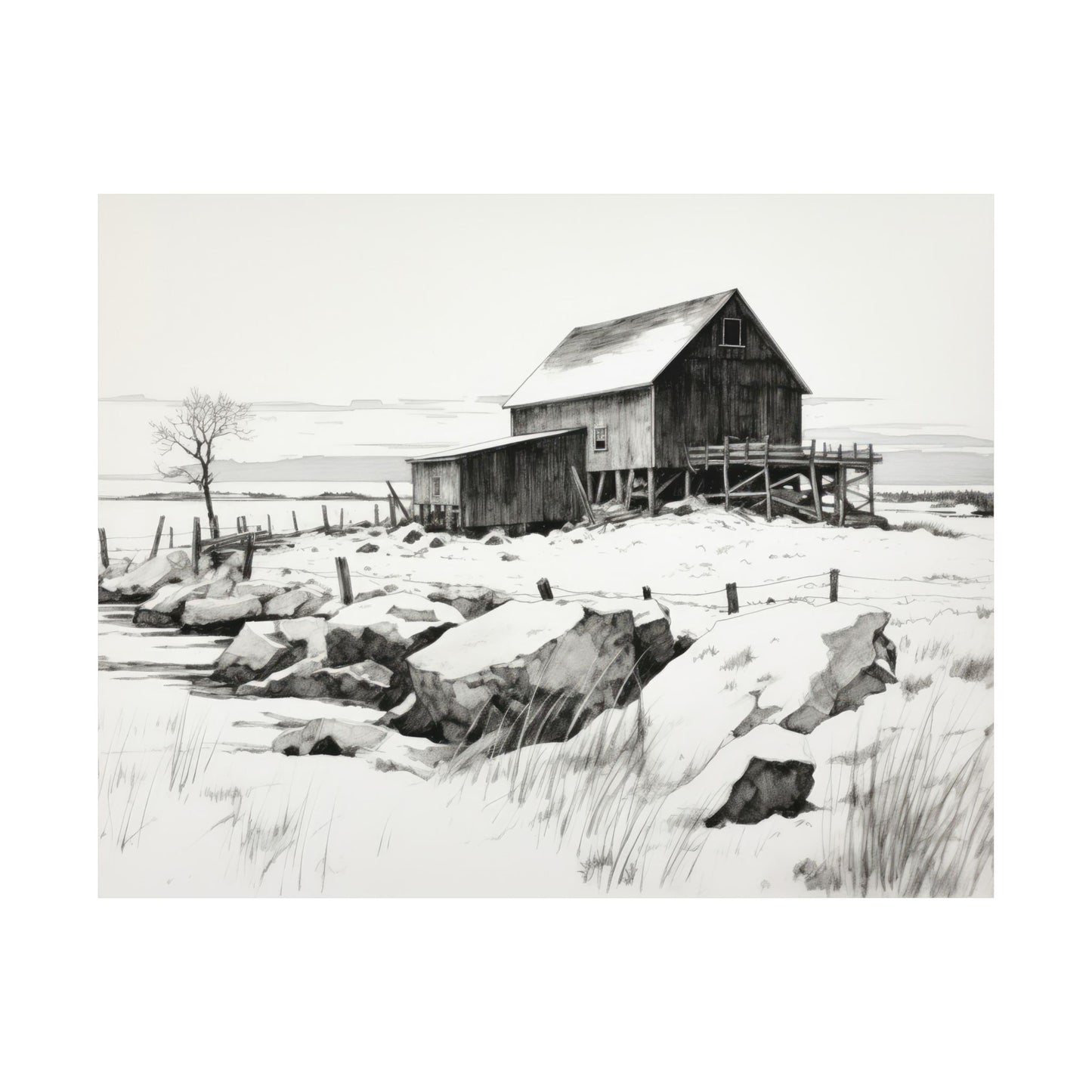 Winter Barn in the Snow Black and White Matte Horizontal Poster Art Print