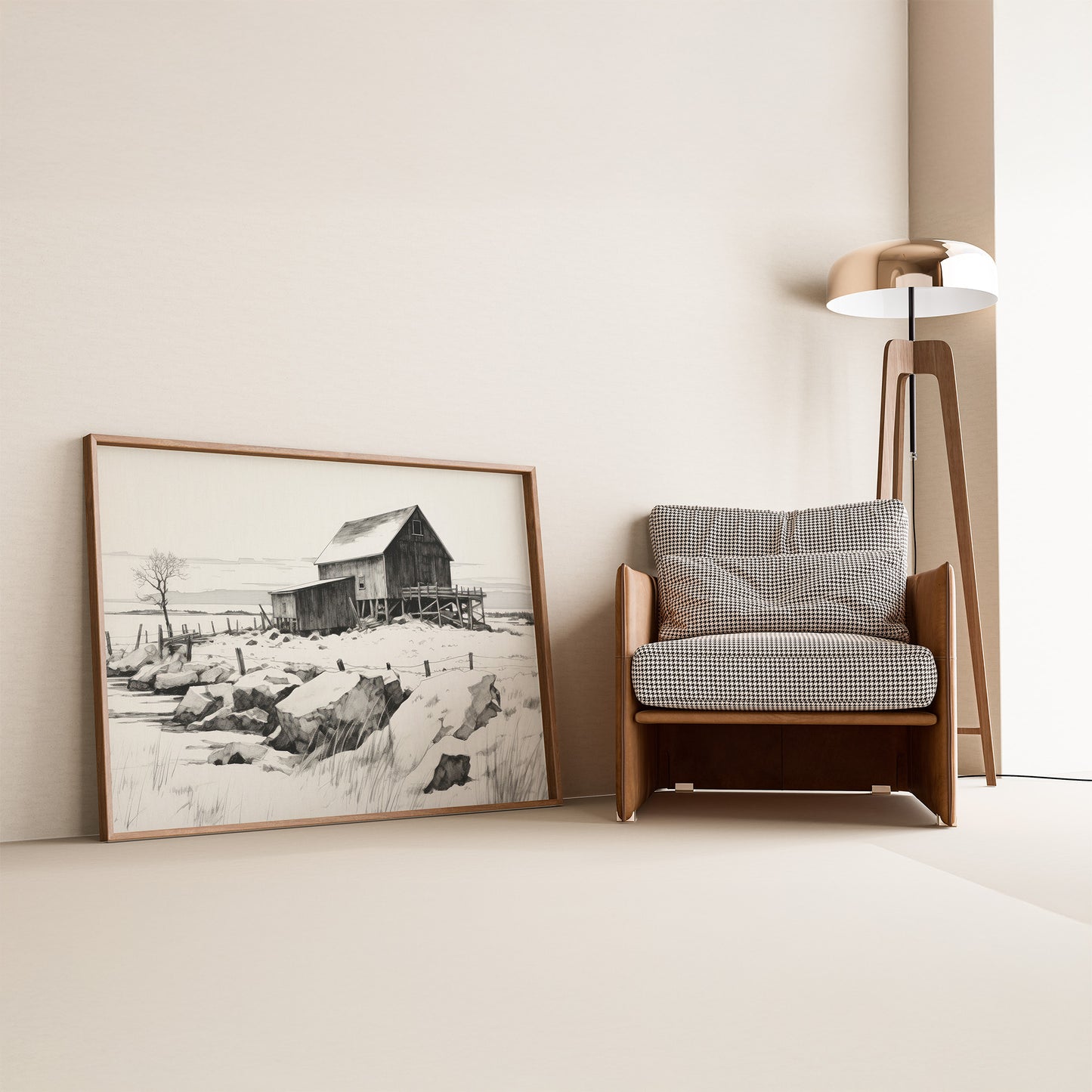 Winter Barn in the Snow Black and White Matte Horizontal Poster Art Print