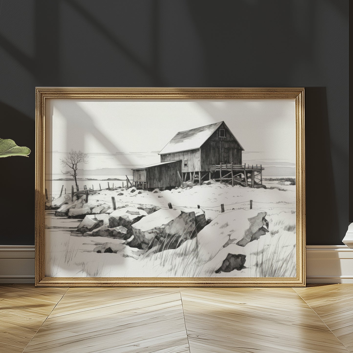Winter Barn in the Snow Black and White Matte Horizontal Poster Art Print