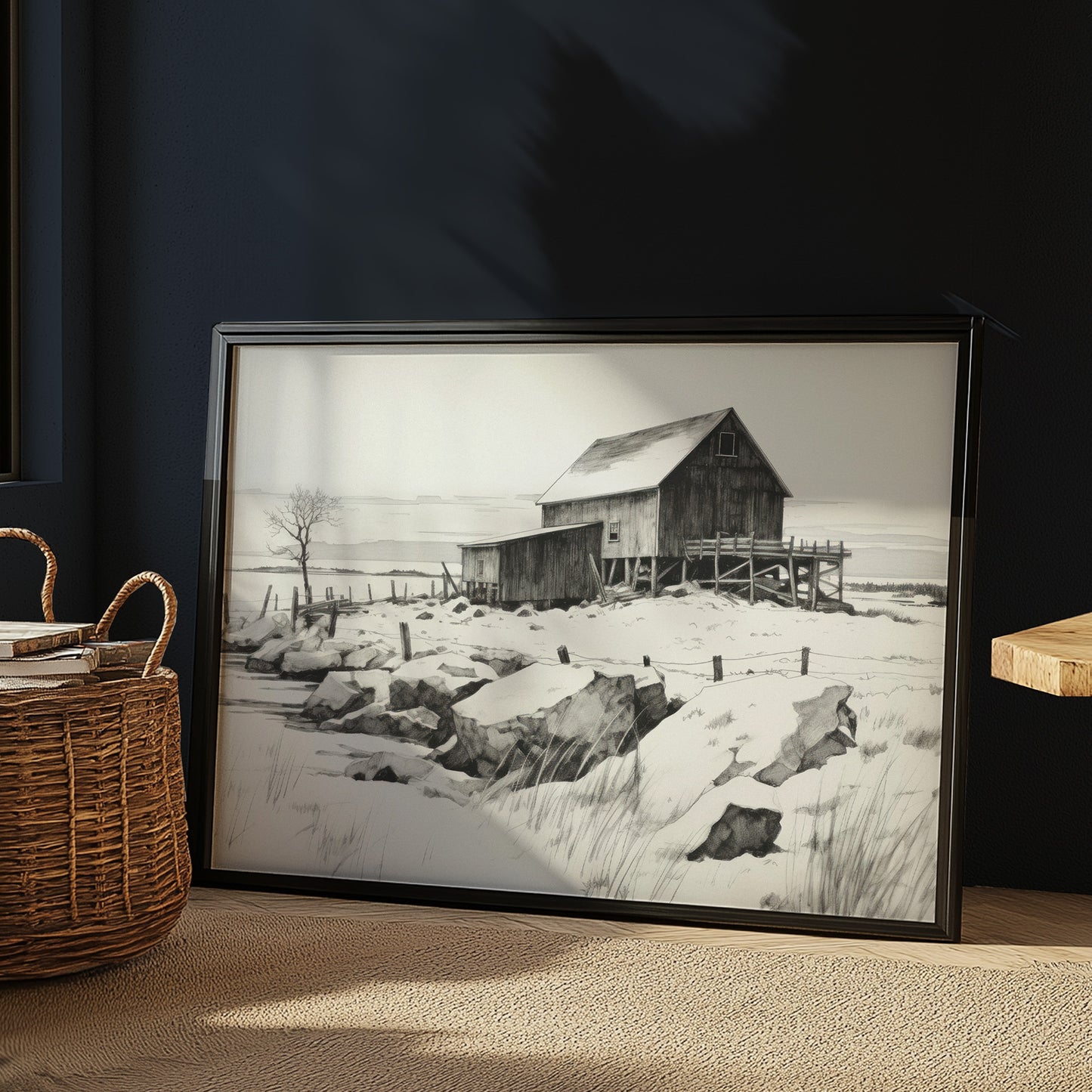 Winter Barn in the Snow Black and White Matte Horizontal Poster Art Print
