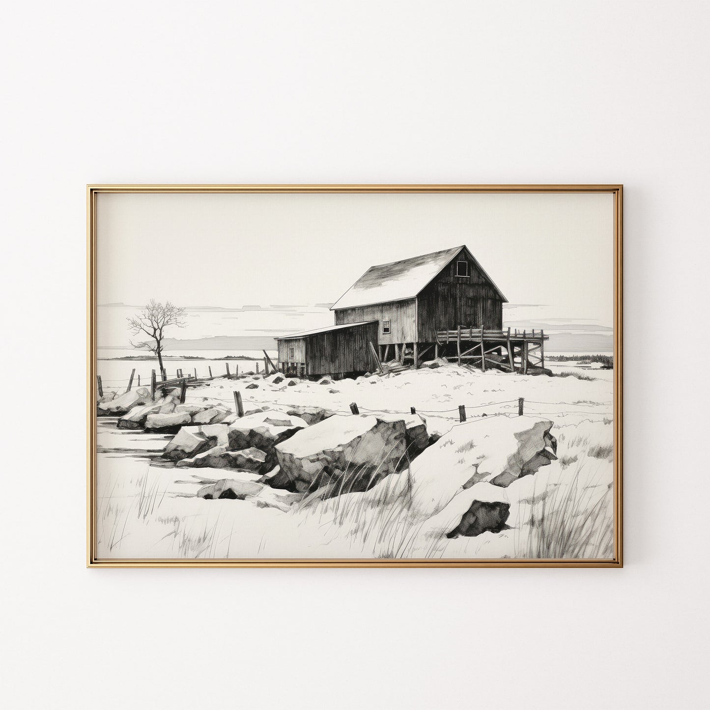 Winter Barn in the Snow Black and White Matte Horizontal Poster Art Print