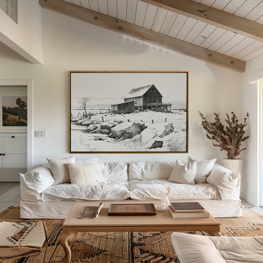 Winter Barn in the Snow Black and White Matte Horizontal Poster Art Print