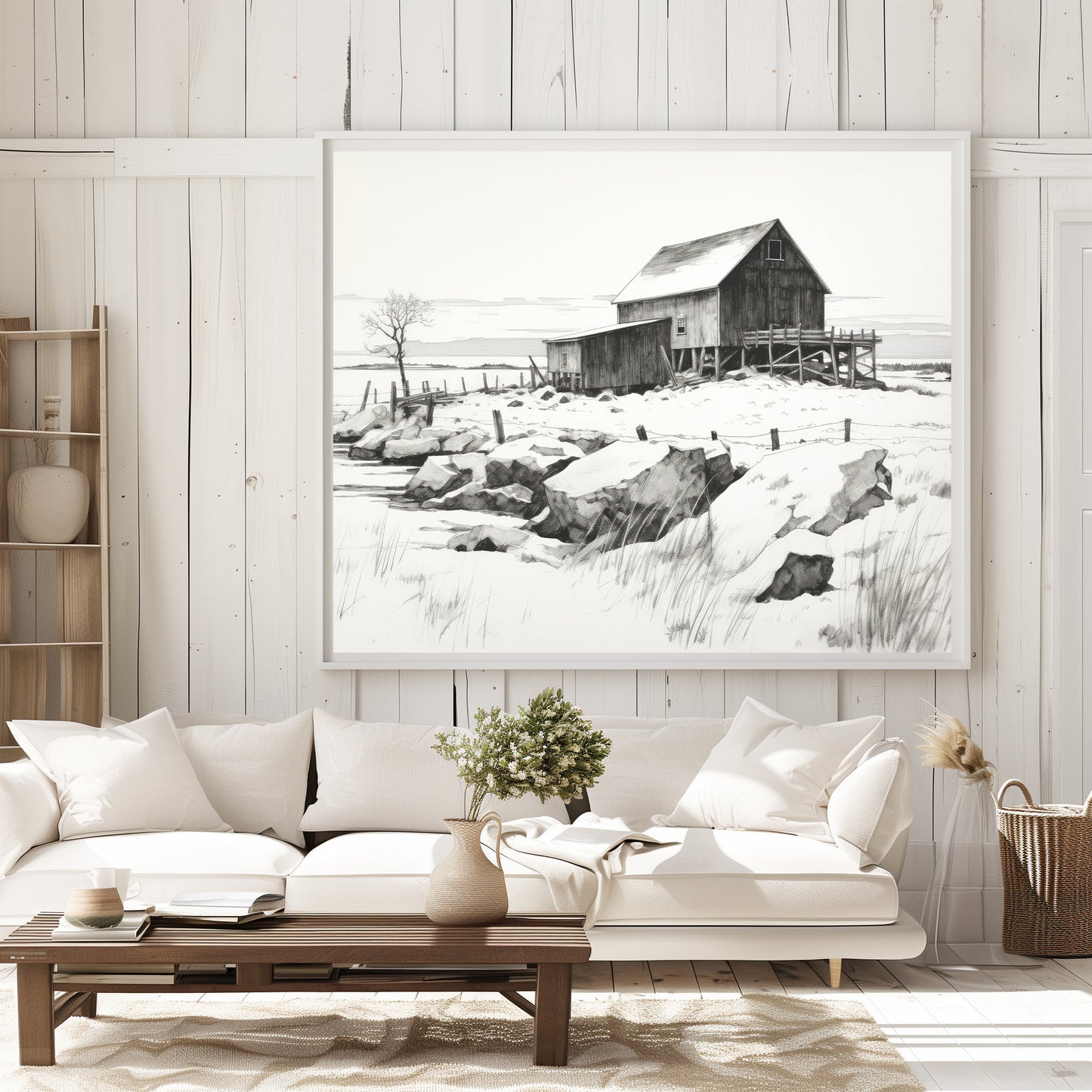 Winter Barn in the Snow Black and White Matte Horizontal Poster Art Print