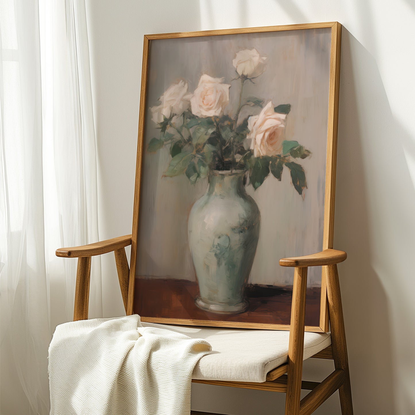 Vintage Long Stem Blush Pink Roses in a Vase Matte Vertical Poster Art Print