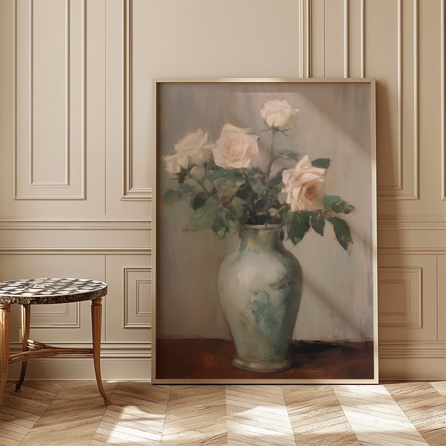 Vintage Long Stem Blush Pink Roses in a Vase Matte Vertical Poster Art Print