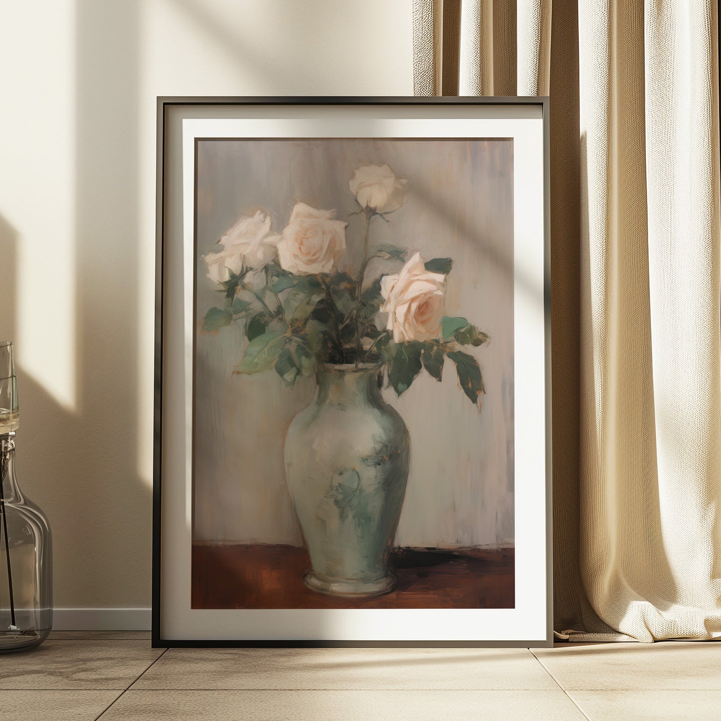 Vintage Long Stem Blush Pink Roses in a Vase Matte Vertical Poster Art Print