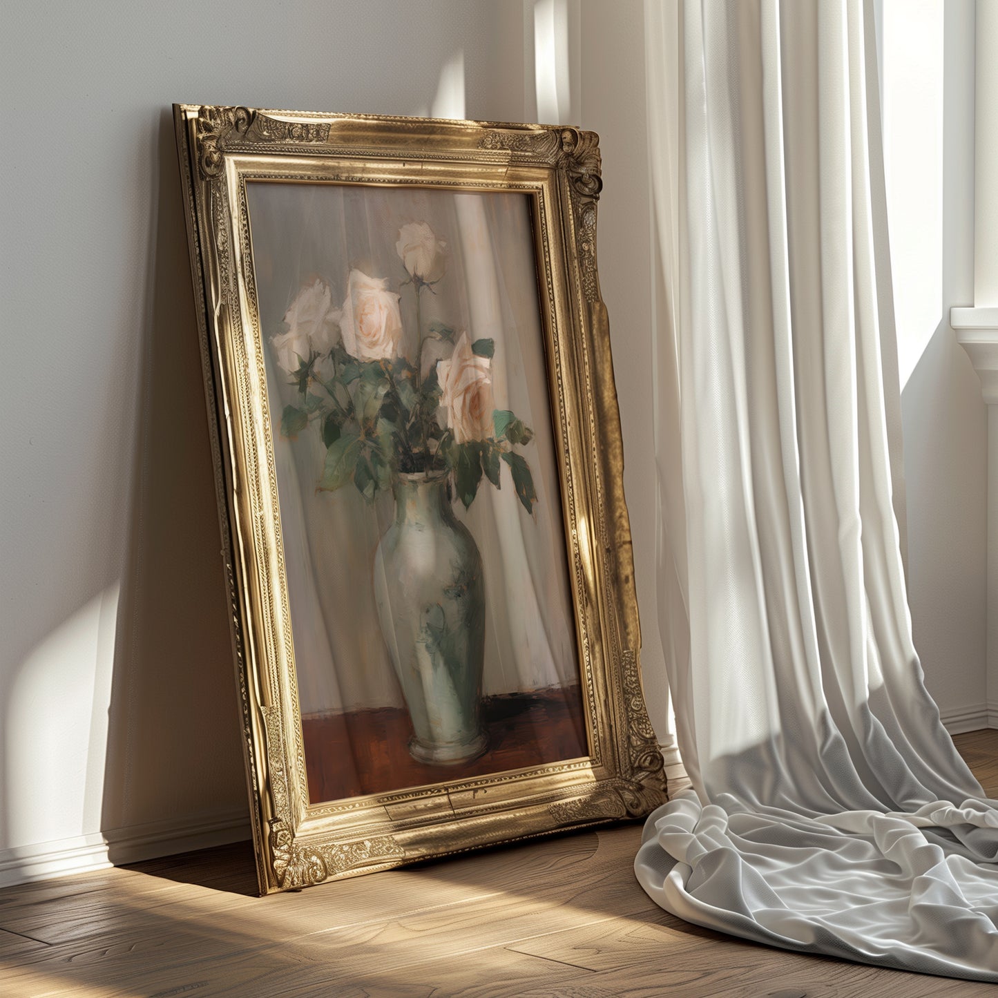 Vintage Long Stem Blush Pink Roses in a Vase Matte Vertical Poster Art Print