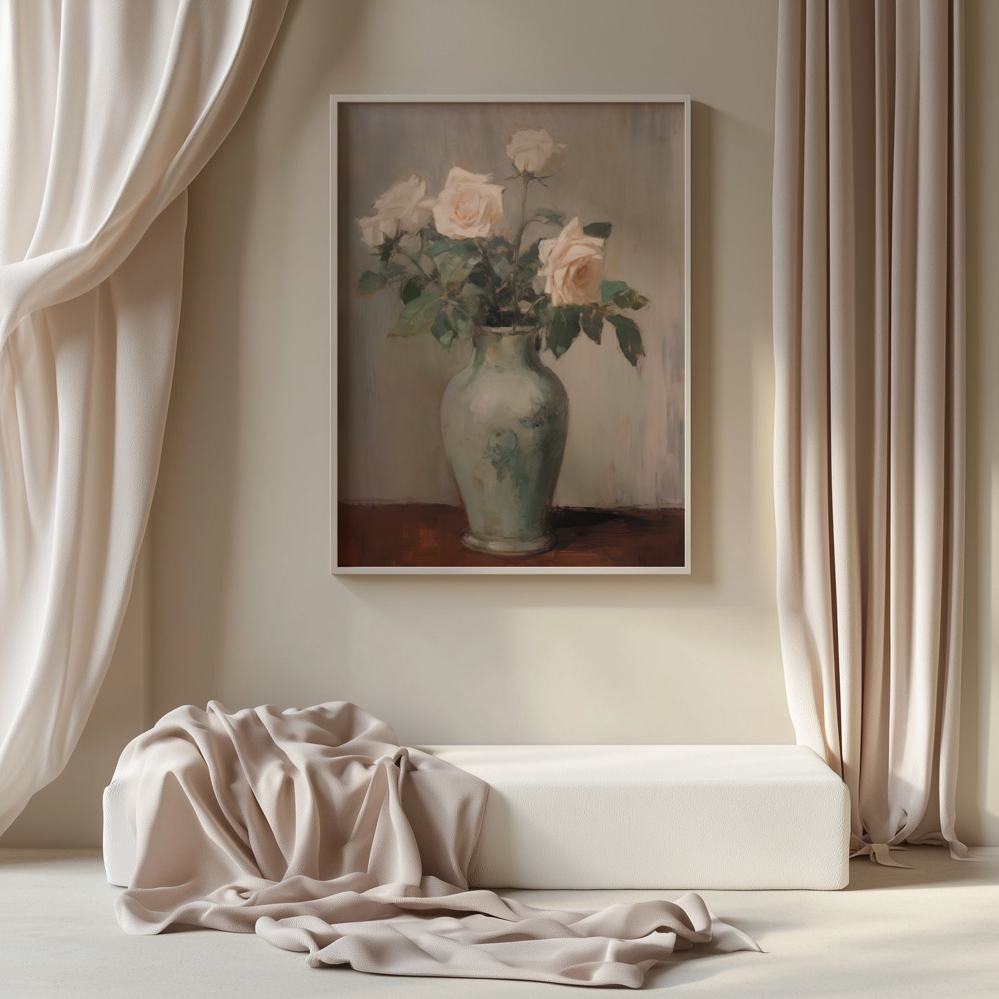 Vintage Long Stem Blush Pink Roses in a Vase Matte Vertical Poster Art Print