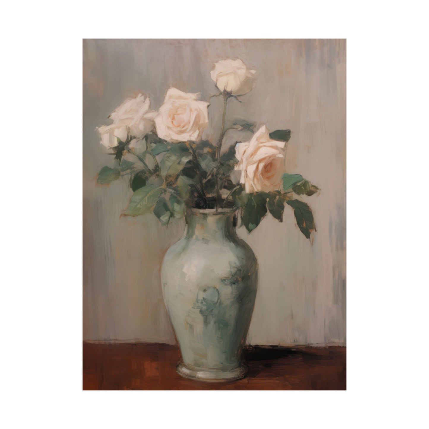 Vintage Long Stem Blush Pink Roses in a Vase Matte Vertical Poster Art Print
