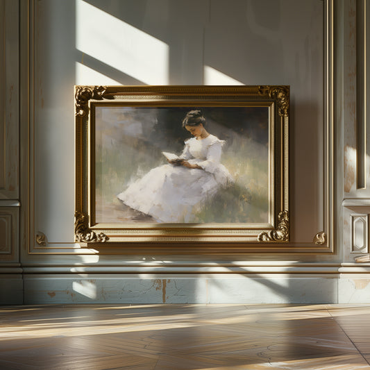 Victorian Lady in White Reading in a Meadow Matte Horizontal Poster Art Print