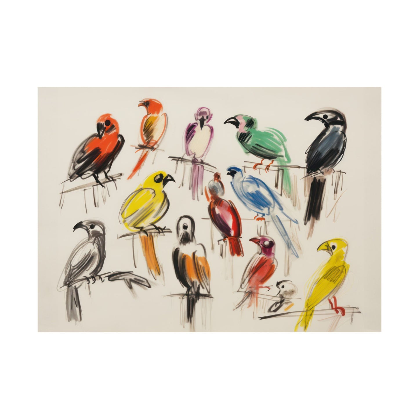 Colorful Bird Sketch Matte Horizontal Poster Art Print