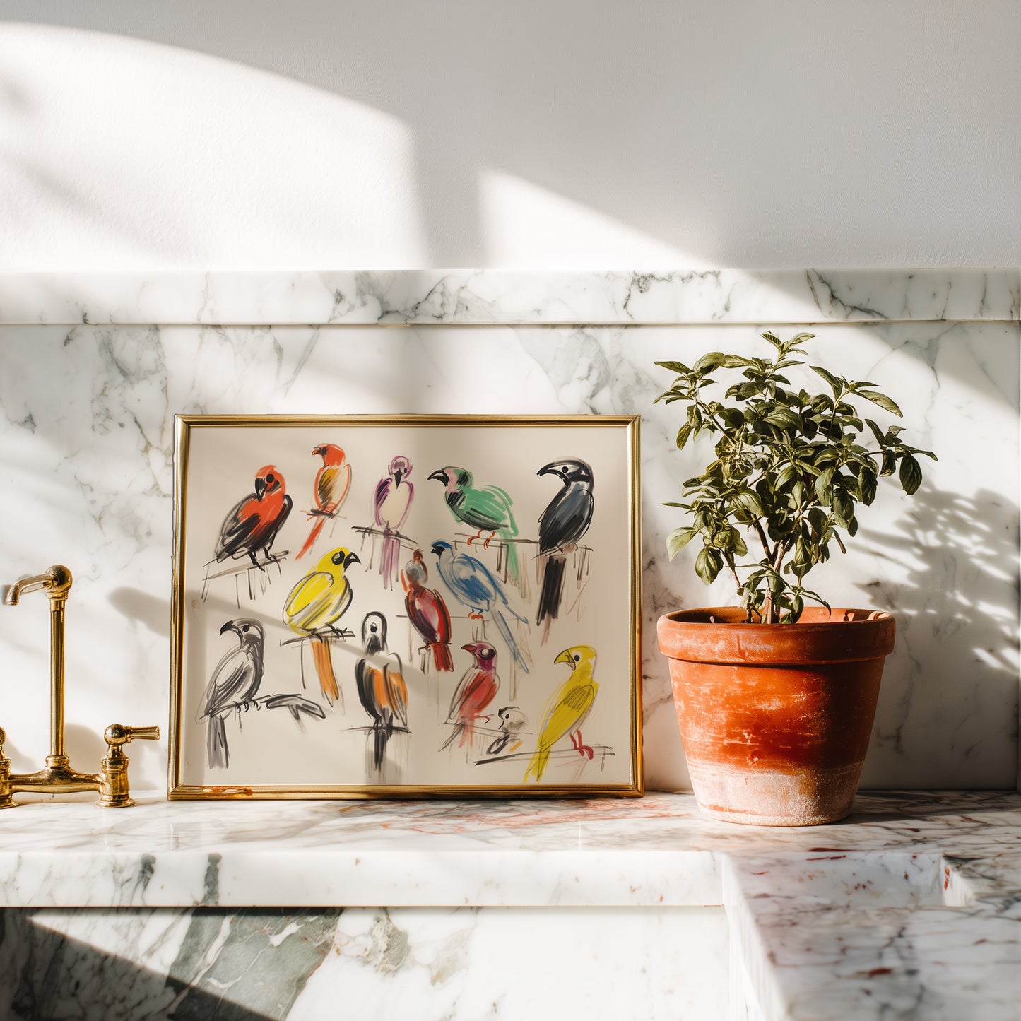 Colorful Bird Sketch Matte Horizontal Poster Art Print