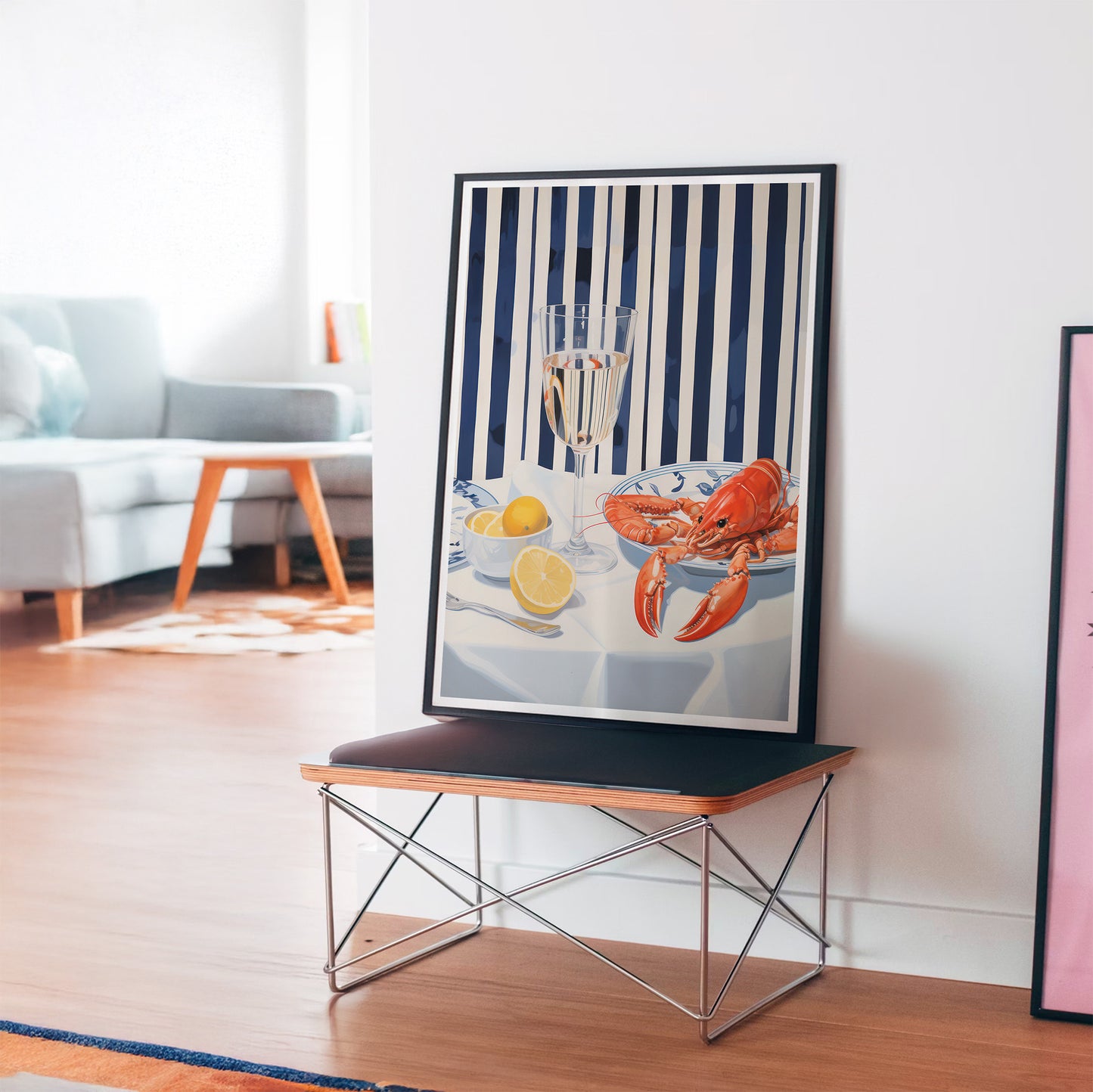 Lobster, Lemon and Wine Preppy Stripe Matte Vertical Poster Art Print