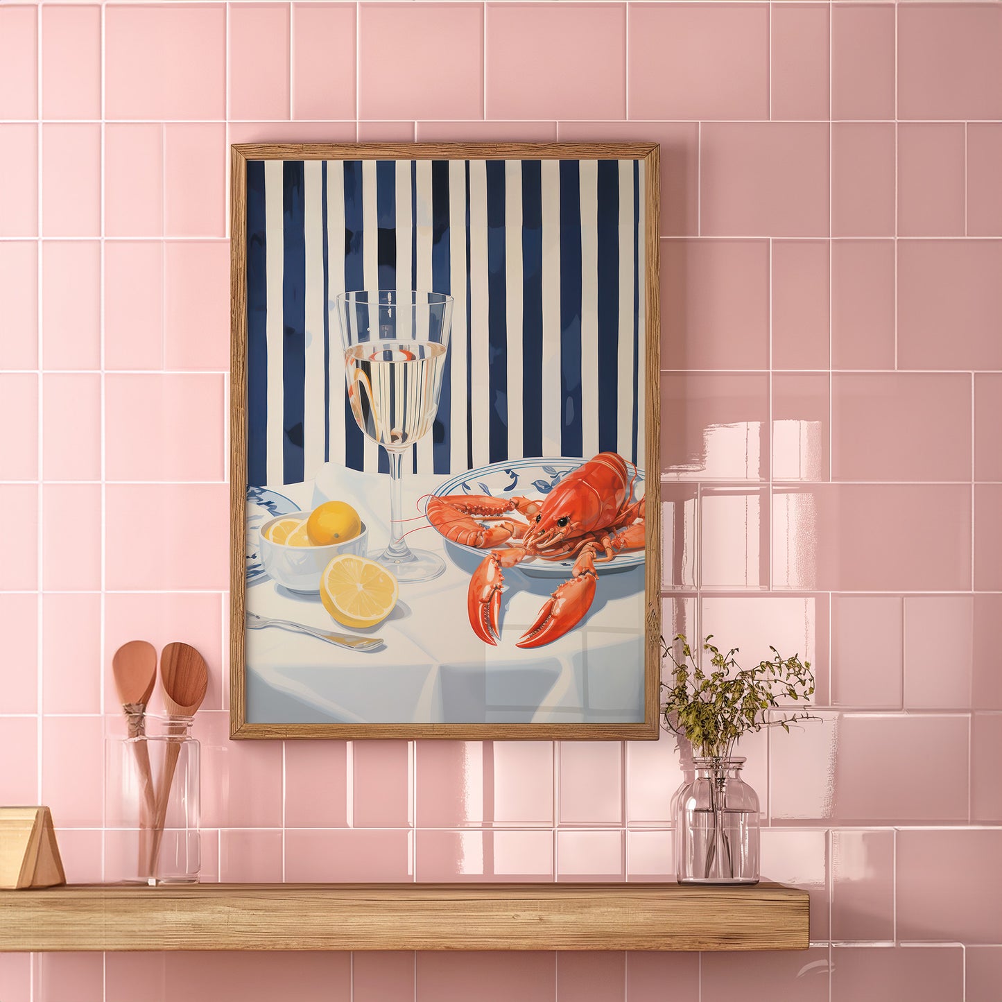 Lobster, Lemon and Wine Preppy Stripe Matte Vertical Poster Art Print
