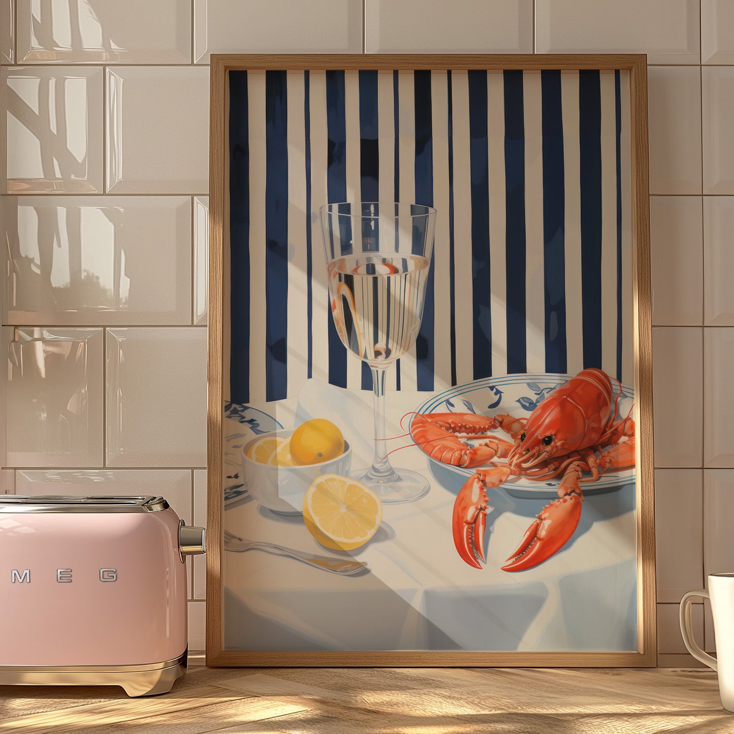 Lobster, Lemon and Wine Preppy Stripe Matte Vertical Poster Art Print