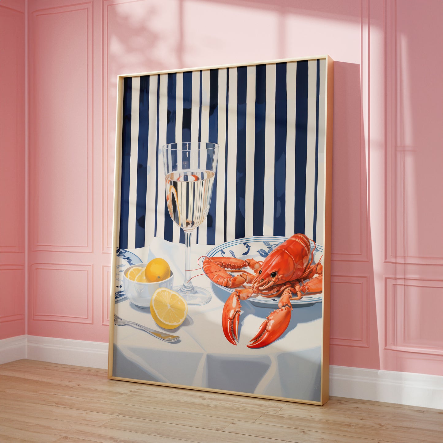 Lobster, Lemon and Wine Preppy Stripe Matte Vertical Poster Art Print