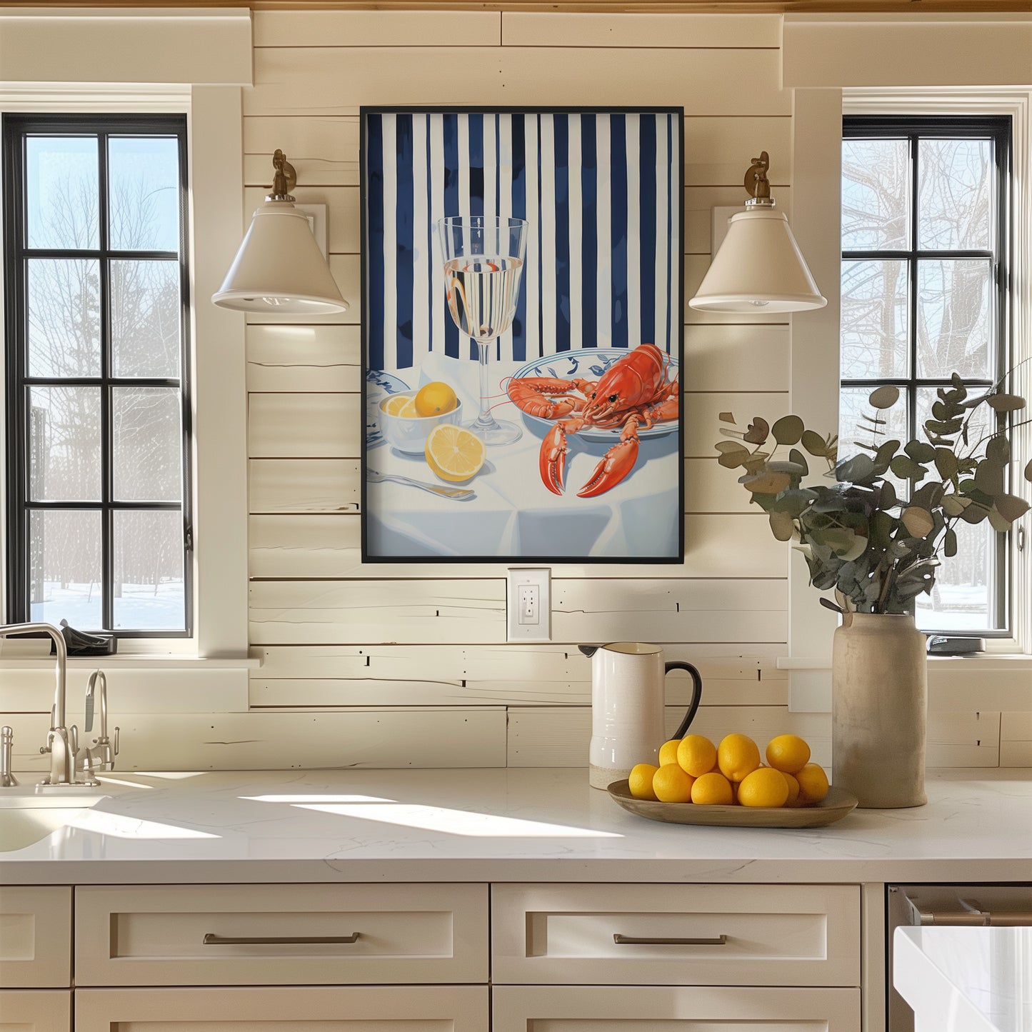 Lobster, Lemon and Wine Preppy Stripe Matte Vertical Poster Art Print