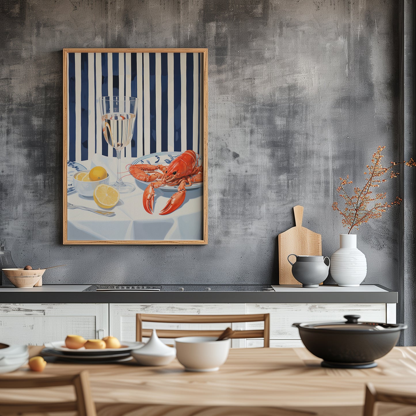Lobster, Lemon and Wine Preppy Stripe Matte Vertical Poster Art Print